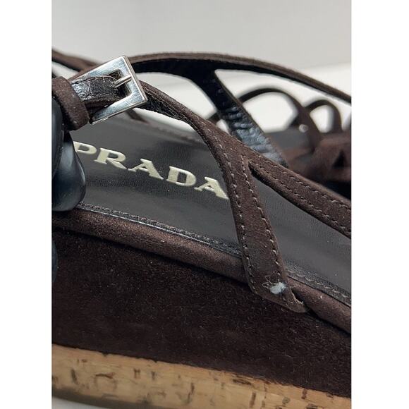 PRADA Brown Suede Cork Heel Platform Wedge Sandals Size EU 38 - Picture 11 of 11